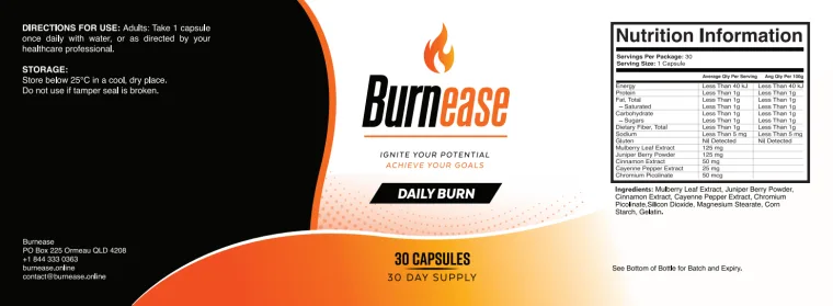 Official BurnEase Daily Burn label - directions for use, storage and the full Nutrition Information panel with the amount of each ingredient